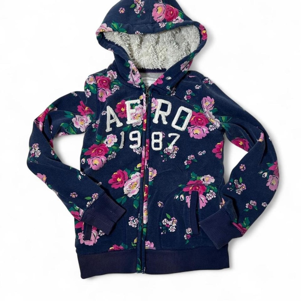 Aeropostale Faux Fur Lined Hooded Floral Pattern Thermal‎ Lined Hoodie Sz M Y2K